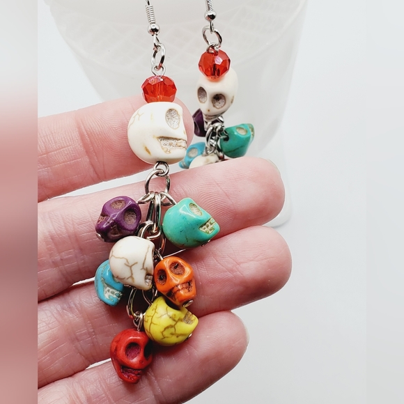 New natural stone day of the dead skull colorful earrings long - Picture 1 of 12